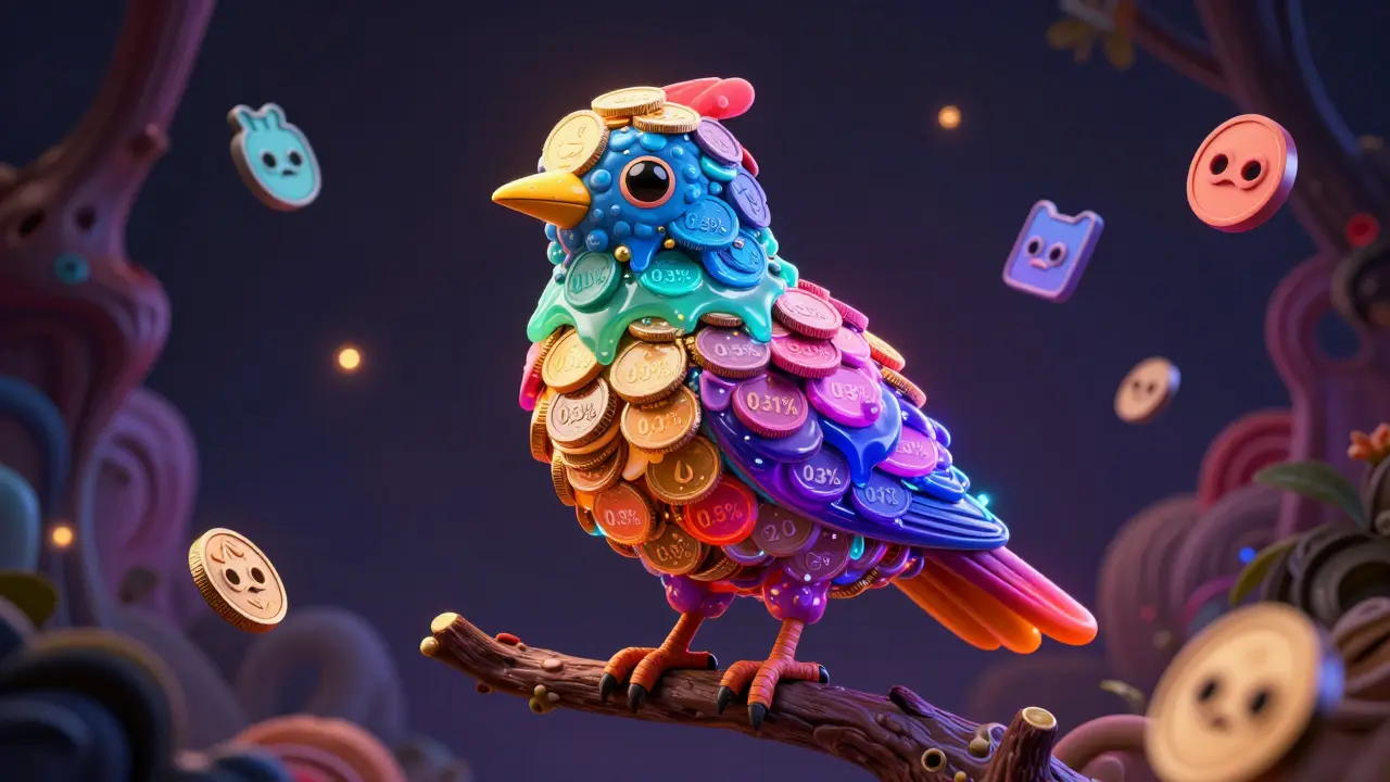 Intricate alebrije bird made of coins representing concentrated liquidity
