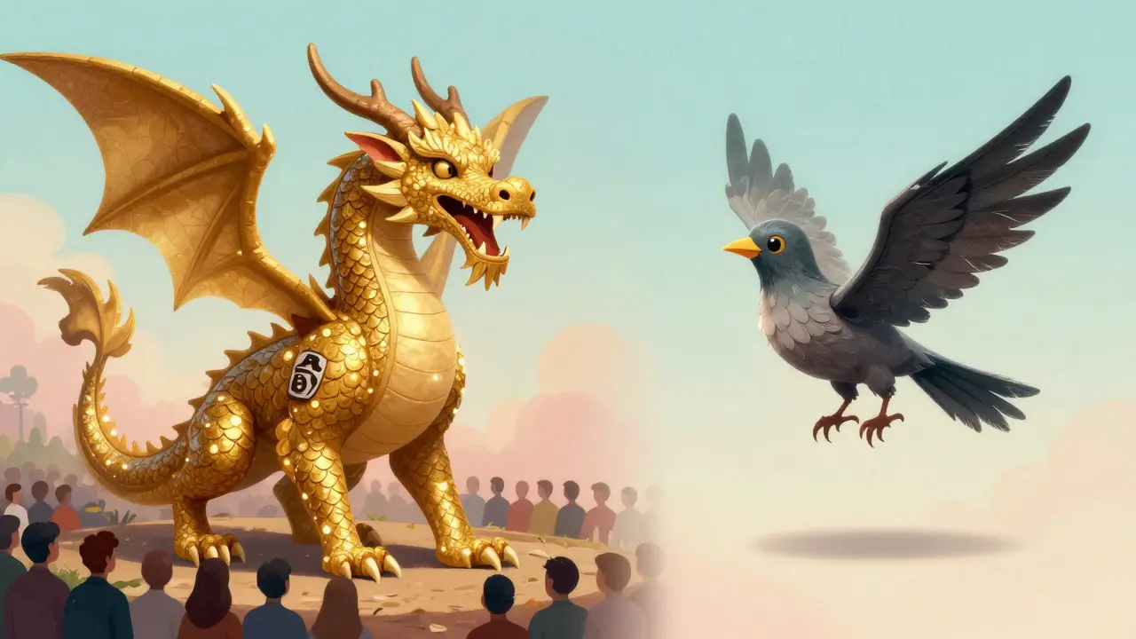 Large golden alebrije dragon compared to a small, fragile bird illustrating market disparity.