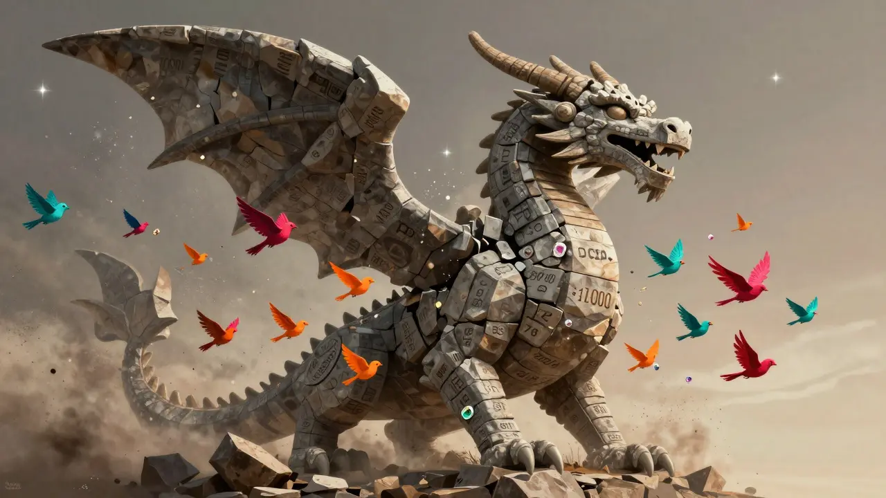 Large stone alebrije dragon shattering into thousands of small, colorful birds carrying gems, symbolizing token swap.
