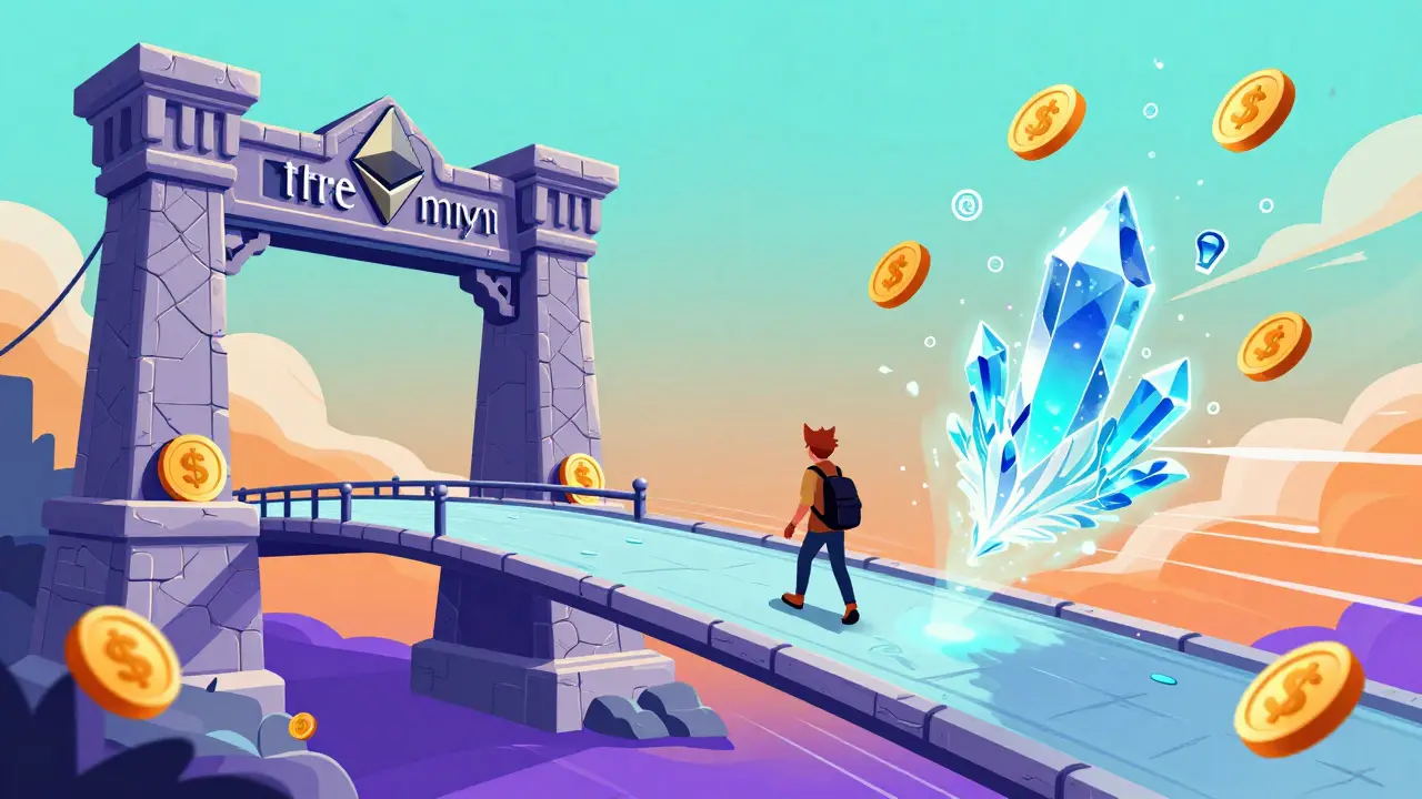 Magical bridge showing low fees from Ethereum to Blast network, Alebrije art