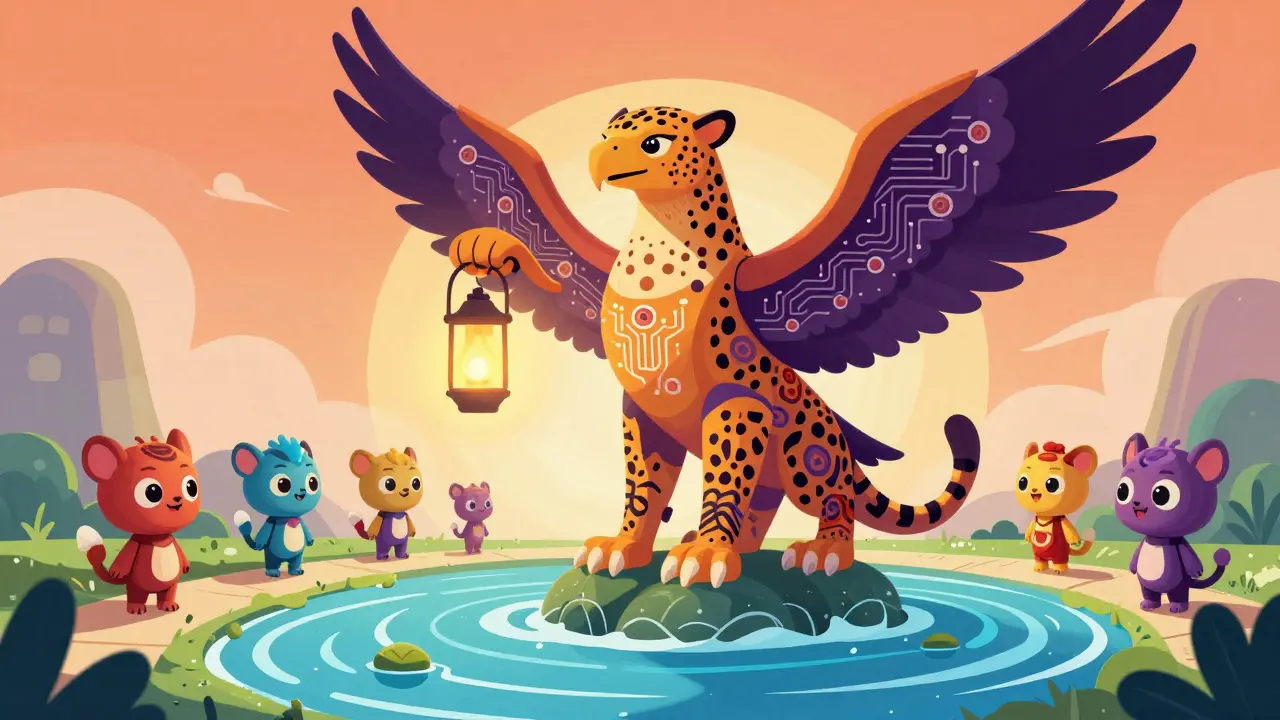 Majestic alebrije hybrid creature standing on digital tide symbolizing growth