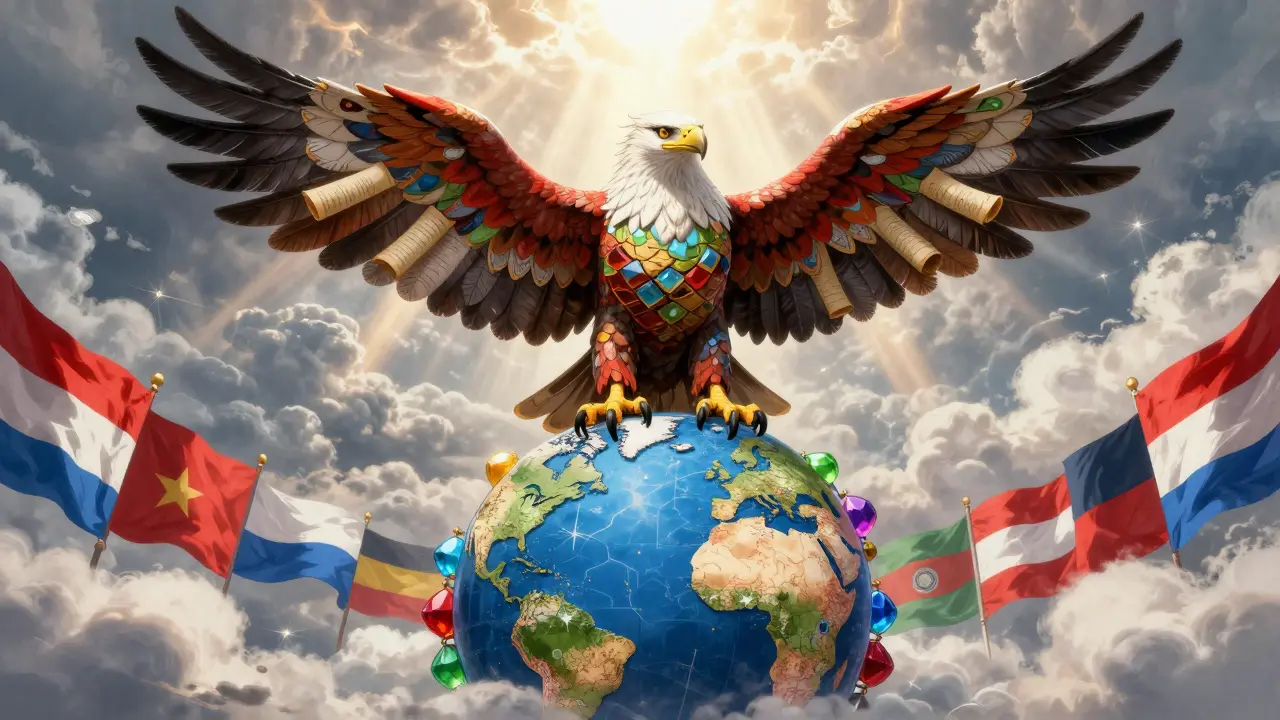 Majestic multi-headed Alebrije eagle perched on a blockchain globe symbolizing global IP