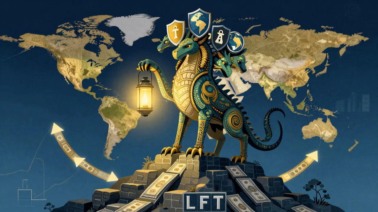 Majestic multi-headed alebrije guardian standing on bond bricks holding a light