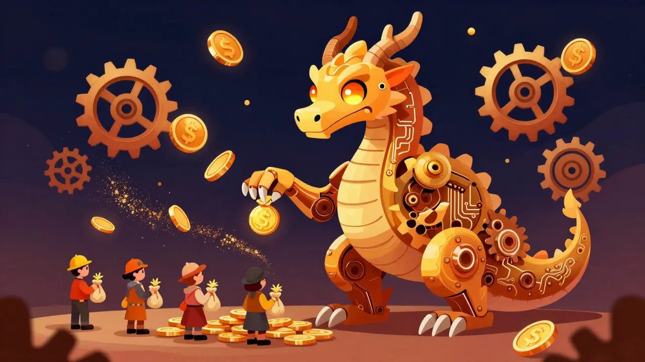 Mechanical Alebrije dragon automating coin distribution for smart contract royalties