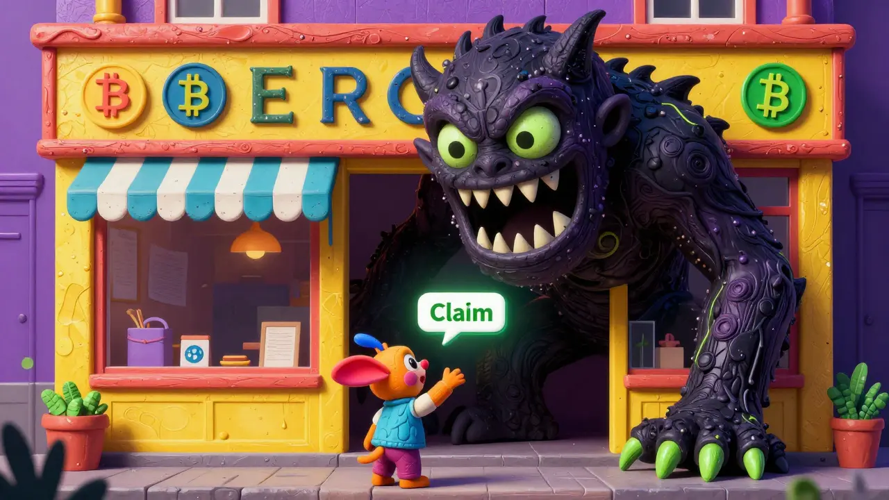 Menacing shadow monster hiding behind a bright fake storefront, tempting a small figure with a button.