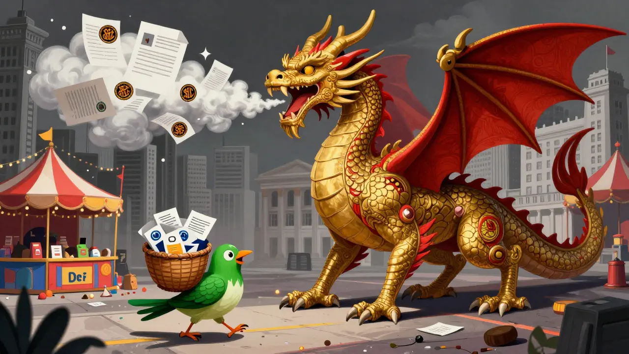 Regulatory alebrije dragon blocking a bird carrying tokenized assets