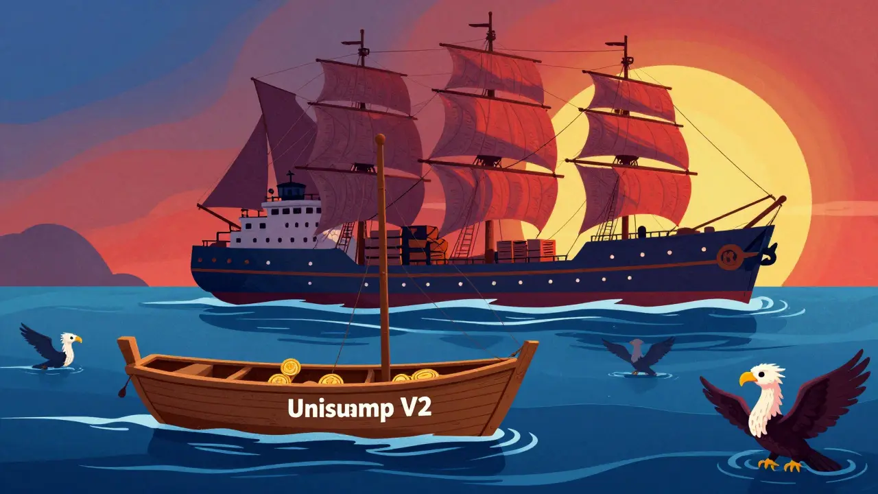 Simple v2 boat vs complex v3 ship illustrating liquidity differences, Alebrije