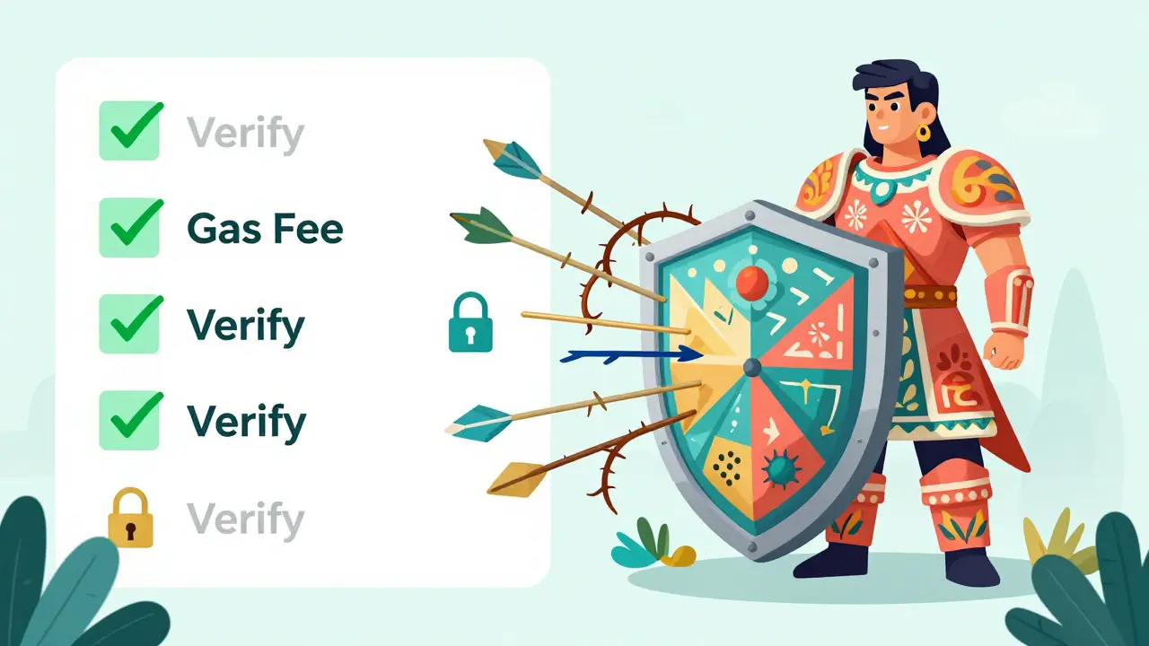 Stylized figure behind a patterned shield blocking scam arrows in a vibrant Alebrije art style.