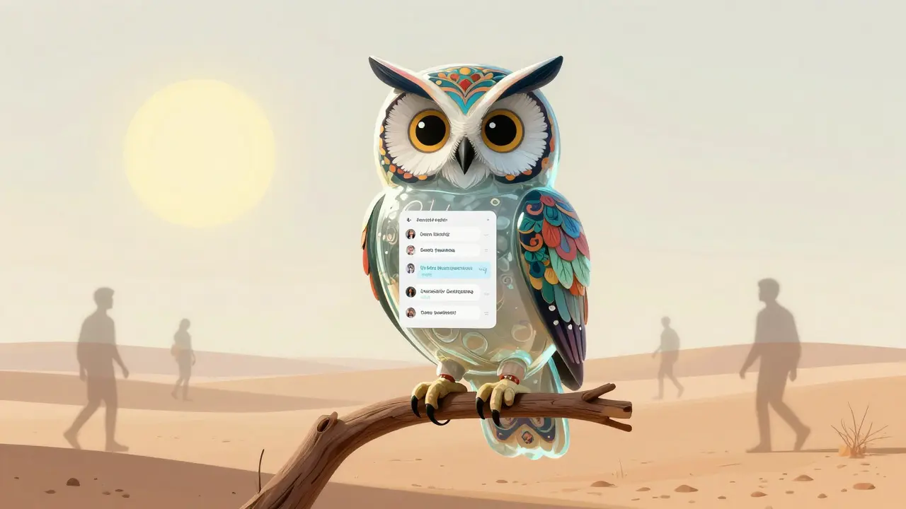 Transparent Alebrije owl on a lone branch symbolizing lack of security audits