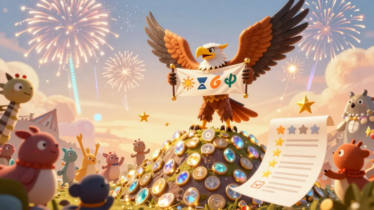 Triumphant alebrije celebrating victory with glowing tokens after successfully completing tasks.