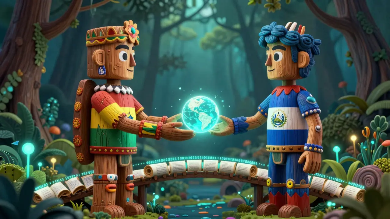Two Alebrijes connected by a bridge of light and data