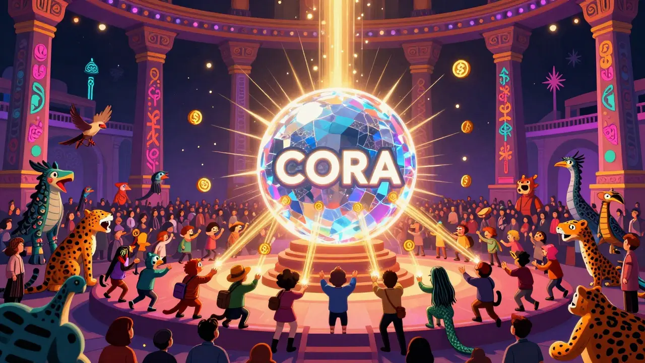 Vibrant alebrije art showing a crowd contributing golden light to a central CORA token crystal.