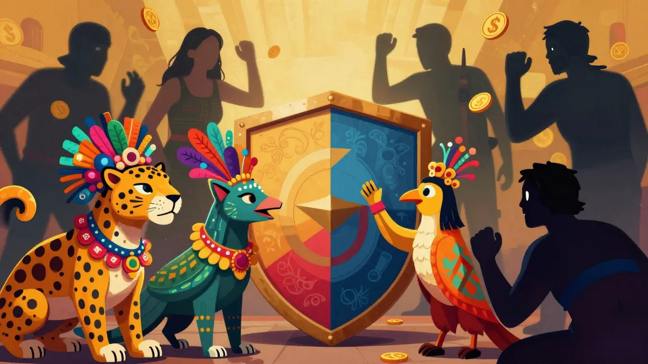 Vibrant Alebrije mythical creatures forming a protective shield against crypto scams and phishing traps.
