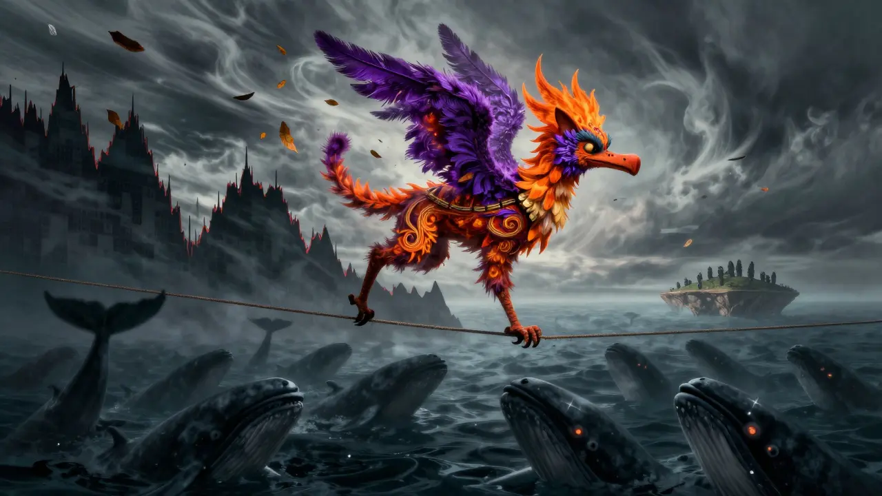 Volatile alebrije price chart balancing on a wire over dark waters
