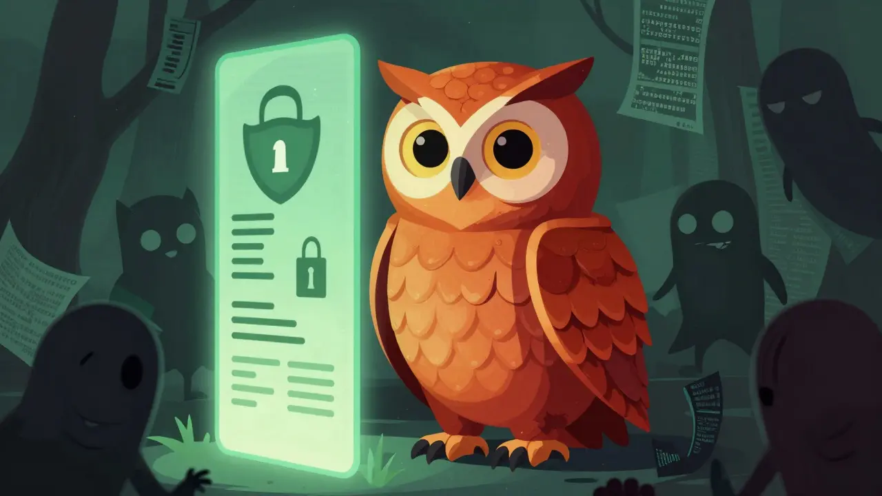 Wise Alebrije owl guarding a secure portal against shadowy scam creatures