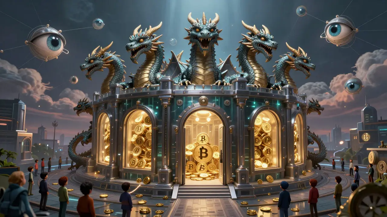A fortified vault guarded by dragon-like creatures protects digital assets in alebrije illustration.