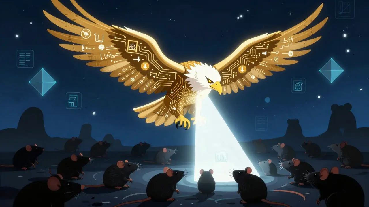 A futuristic Alebrije eagle using AI light to reveal hidden Sybil nodes in the dark.
