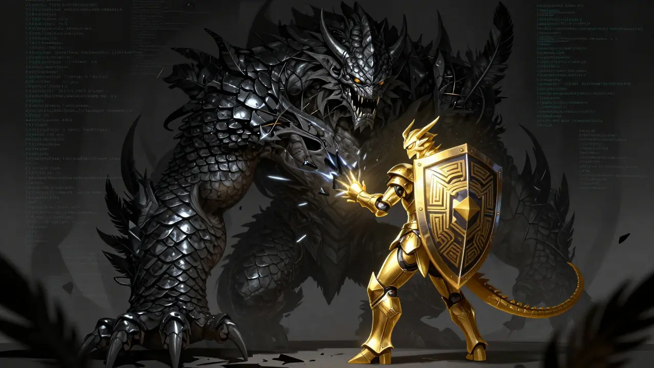 A golden Alebrije guardian defending against a dark monster, representing enhanced security after a hack.