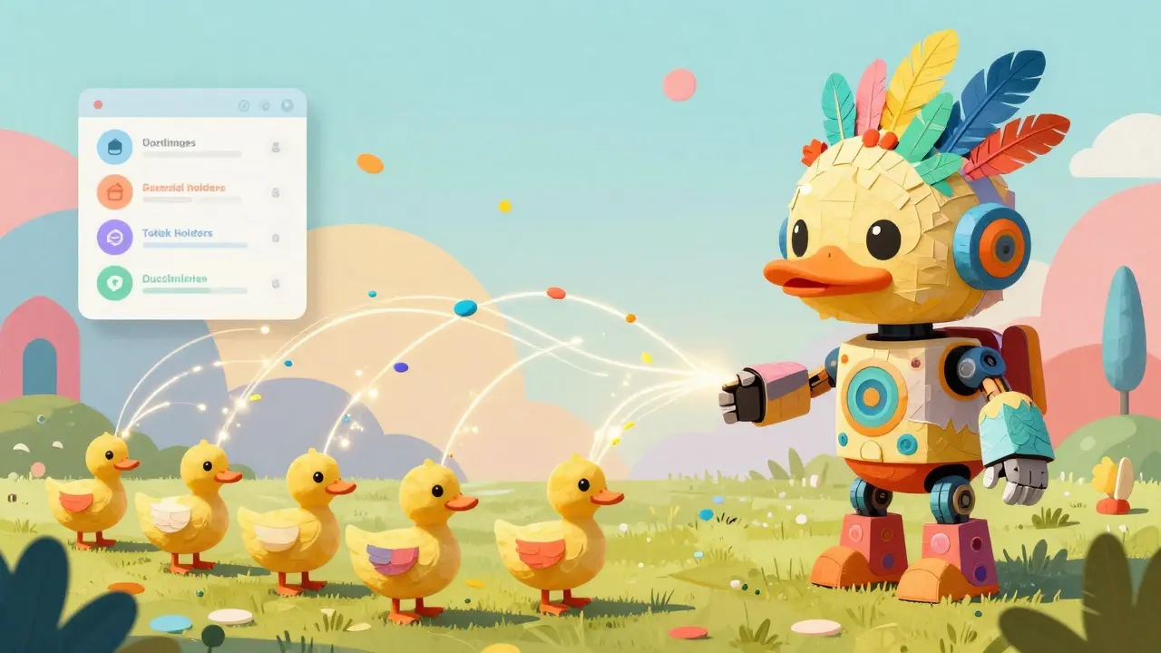 AI robot and duck alebrijes connected by data streams in folk art style