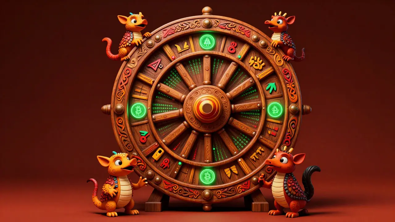 Alebrije art of a spinning wheel with crypto symbols representing market volatility
