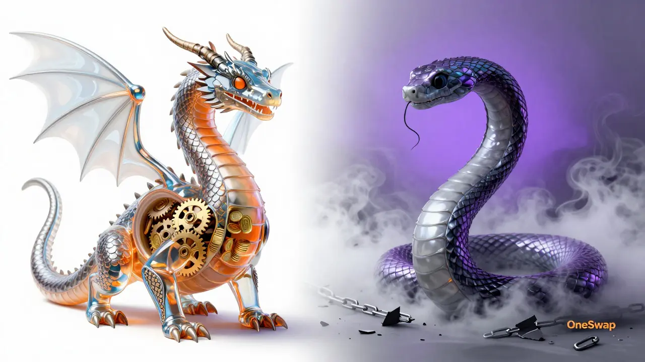 Alebrije illustration comparing a transparent safe dragon to a hollow scam serpent
