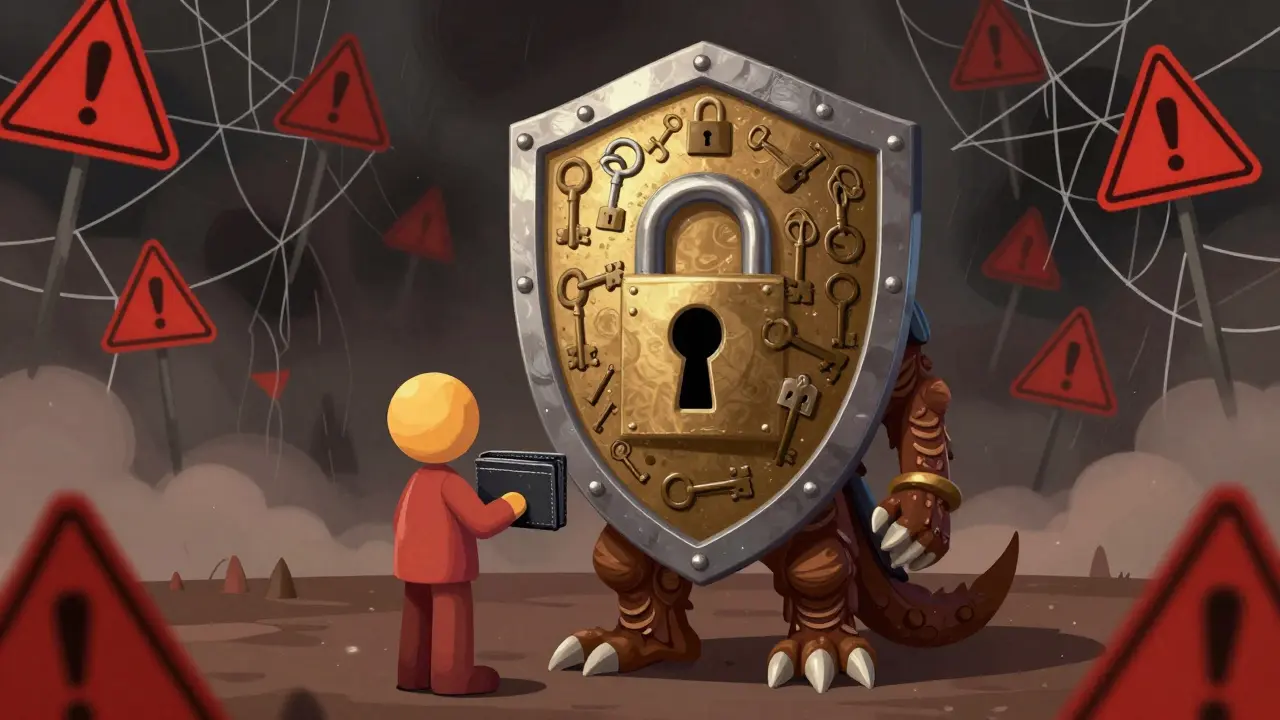 Alebrije shield guardian protecting a user from crypto scam storms
