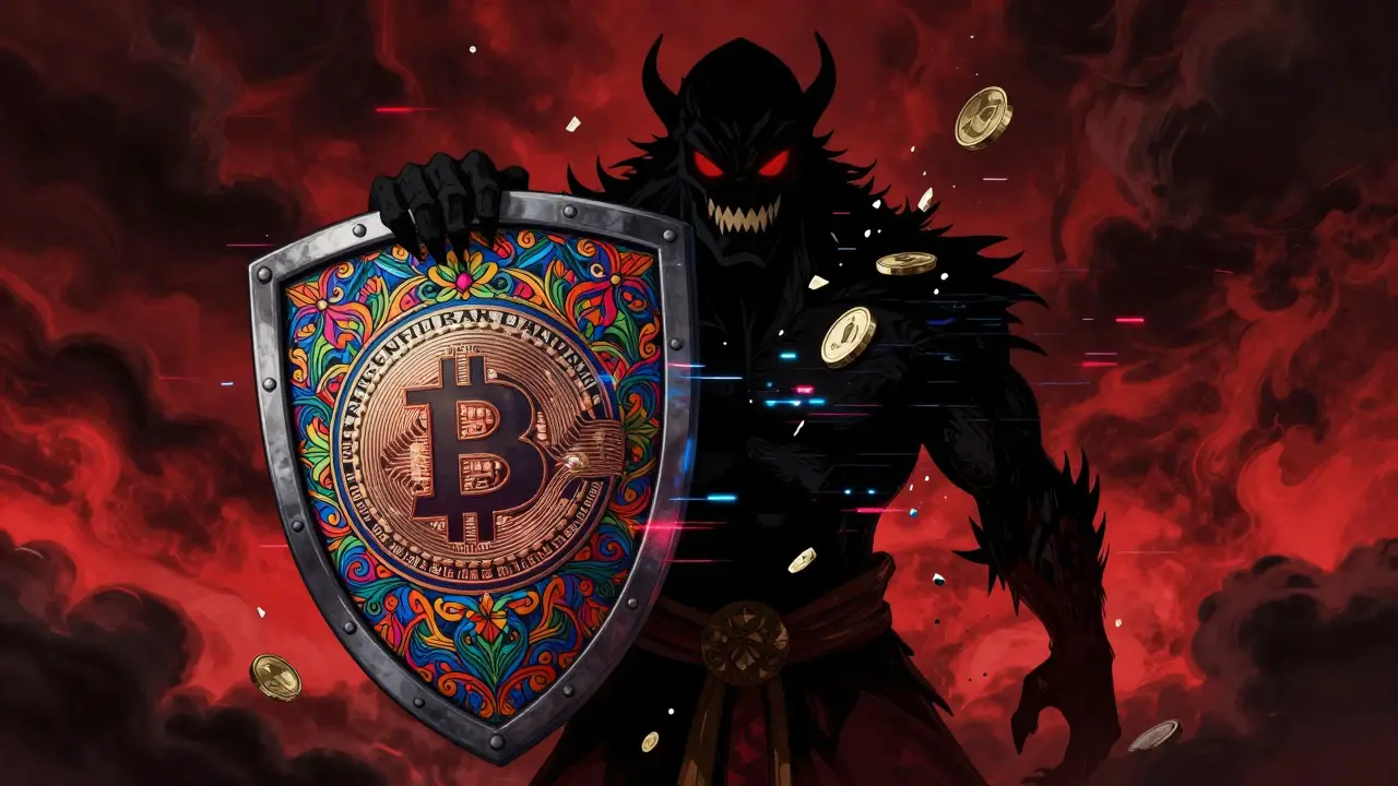 Alebrije-style guardian blocking a crypto monster, illustrating the strict crypto ban.