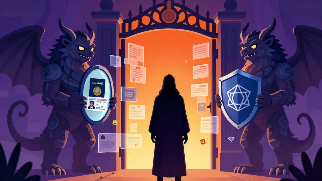 An anonymous user faces a mythical gate demanding identity verification in colorful alebrije art.