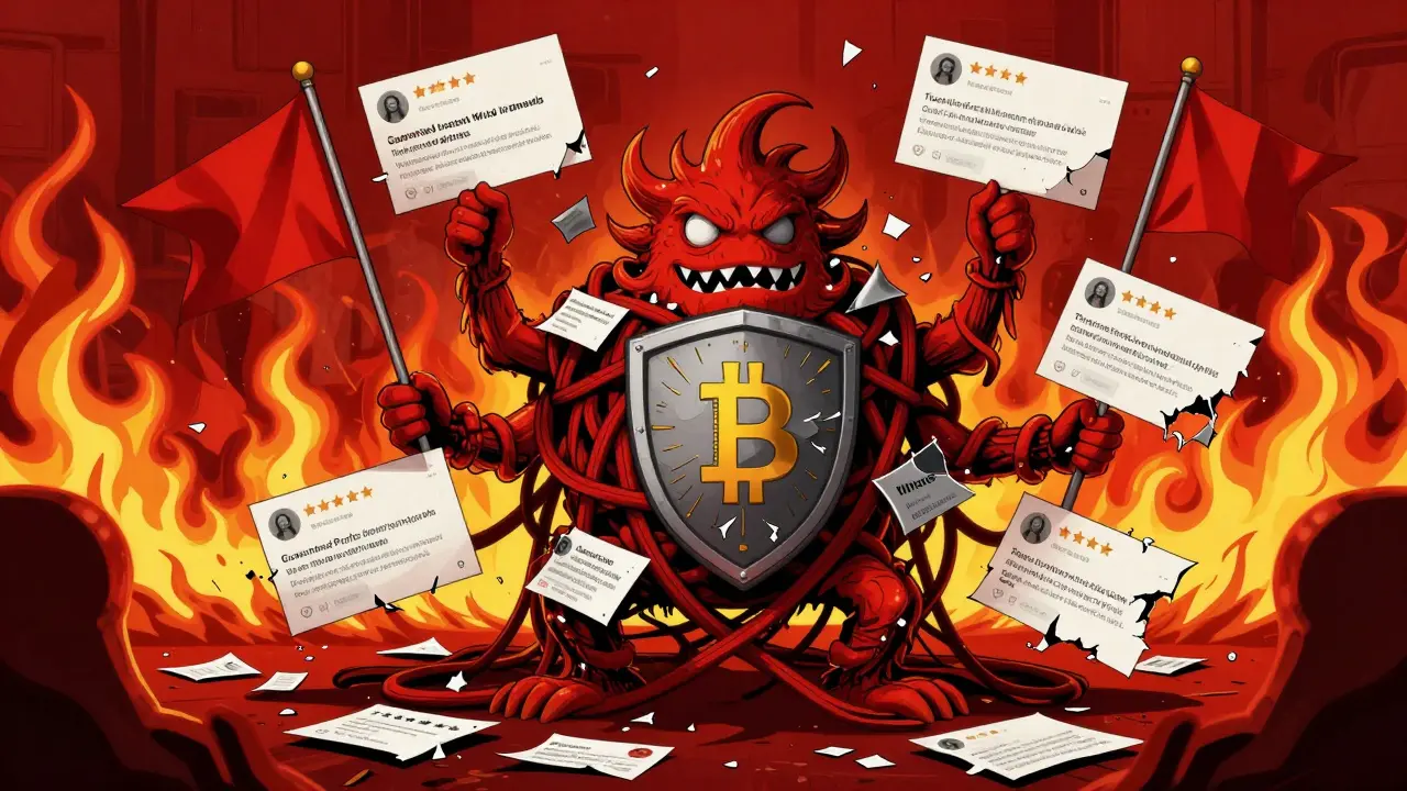 Chaotic Alebrije monster made of fake reviews and broken shields, symbolizing crypto scams