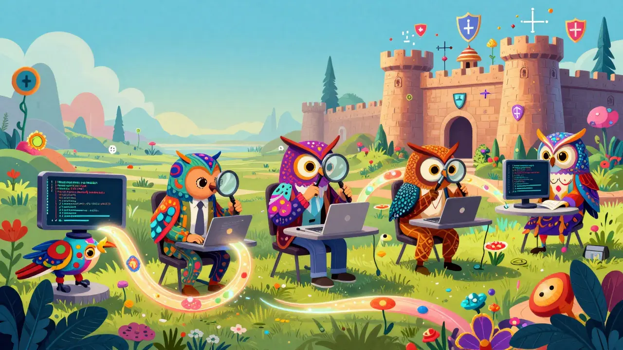 Colorful alebrije art showing automated scanners and human auditors securing code layers