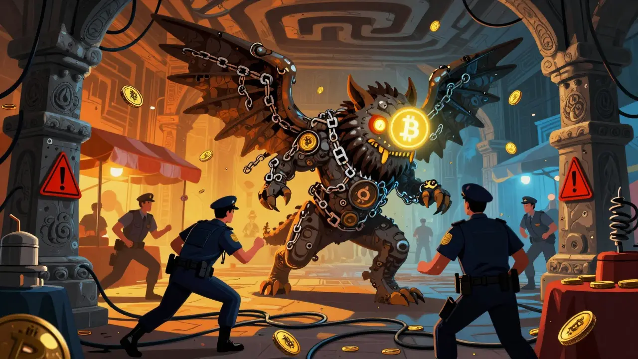 Colorful Alebrije beast representing crypto chased by regulatory statues