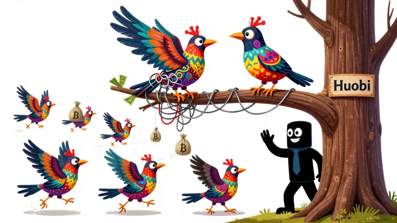 Colorful alebrije birds showing crypto brand confusion and phishing tricks