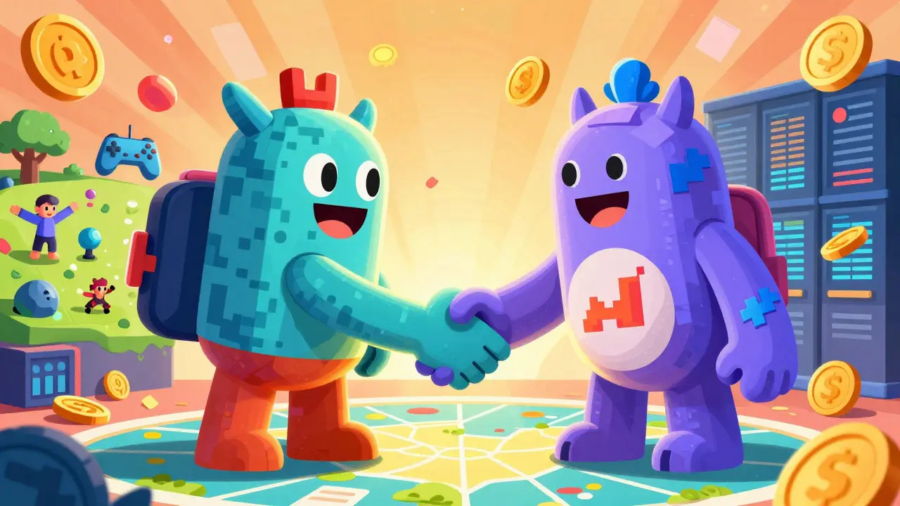 Colorful Alebrije monsters bridging gaming and finance worlds