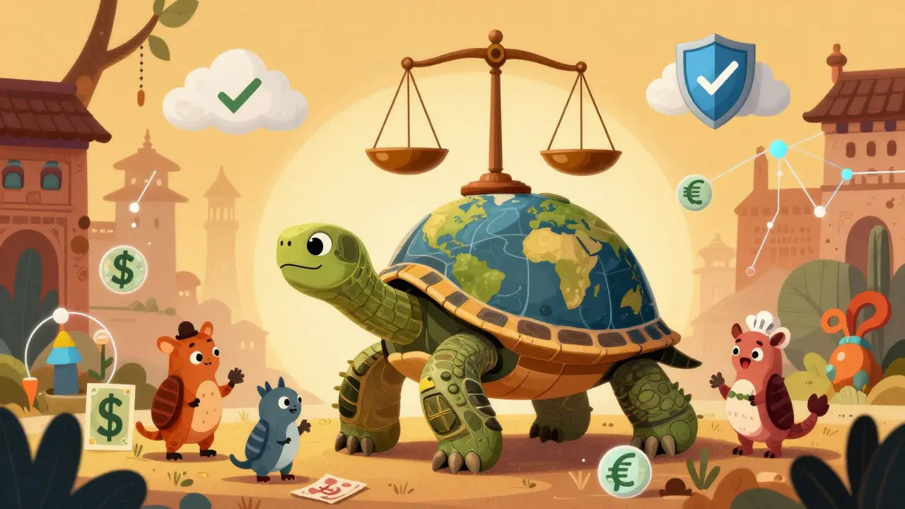 Colorful alebrije turtle carrying scales representing regulated global finance