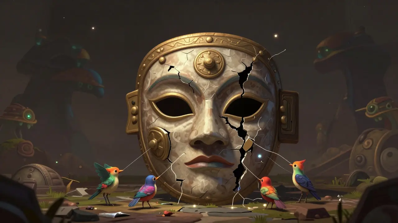 Cracked vault spirit held together by community birds in Alebrije style