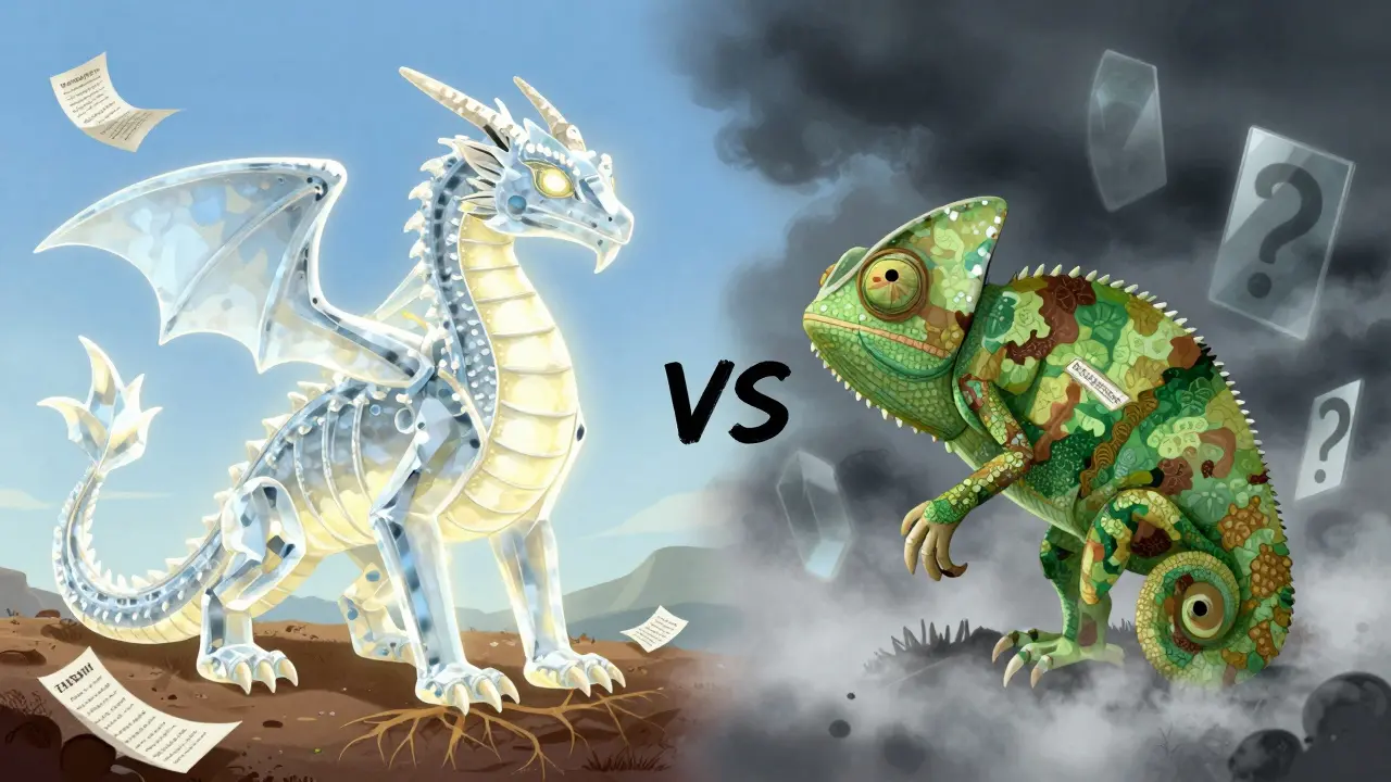 Crystal dragon vs. camouflaged chameleon illustrating the difference between THORChain and THXCHAIN.