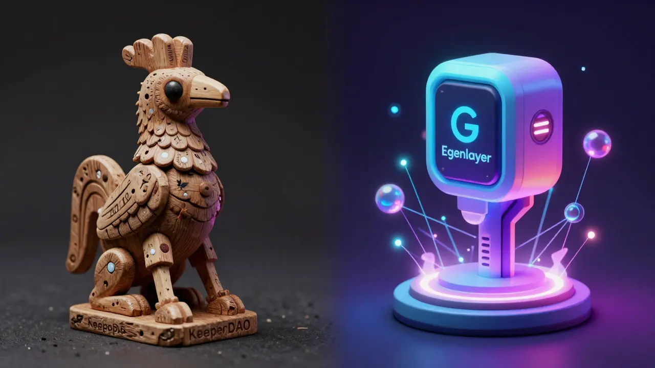 Dusty Alebrije rook statue vs glowing modern tech structure comparison