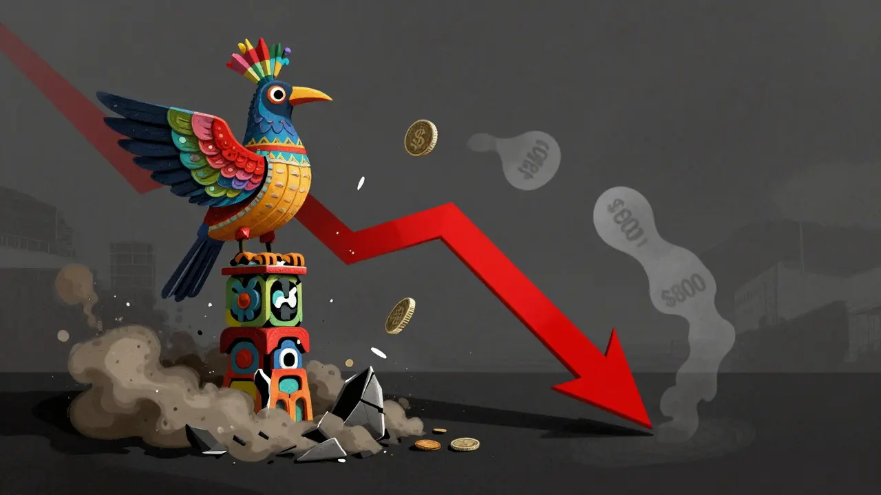 Fading Alebrije rook totem crumbling into dust amidst falling price tags