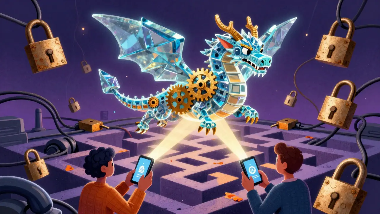 Fantastical alebrije dragon flying over tangled bank wires for direct payment