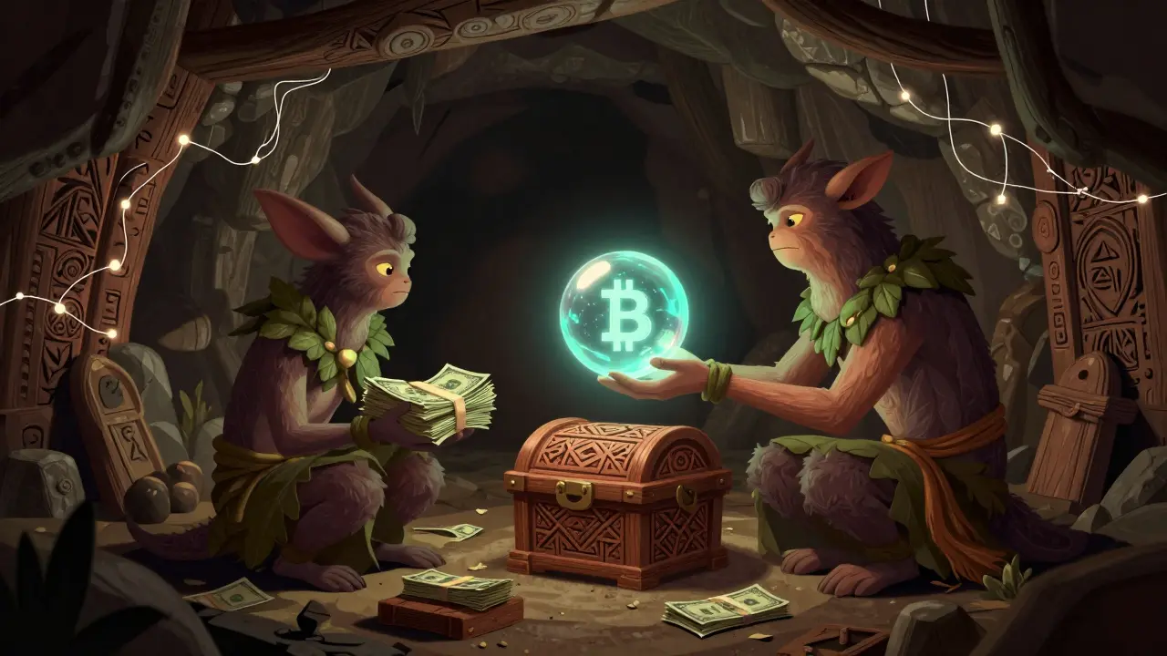 Fantastical creatures exchanging cash for crypto in a shadowy, escrow-protected cave