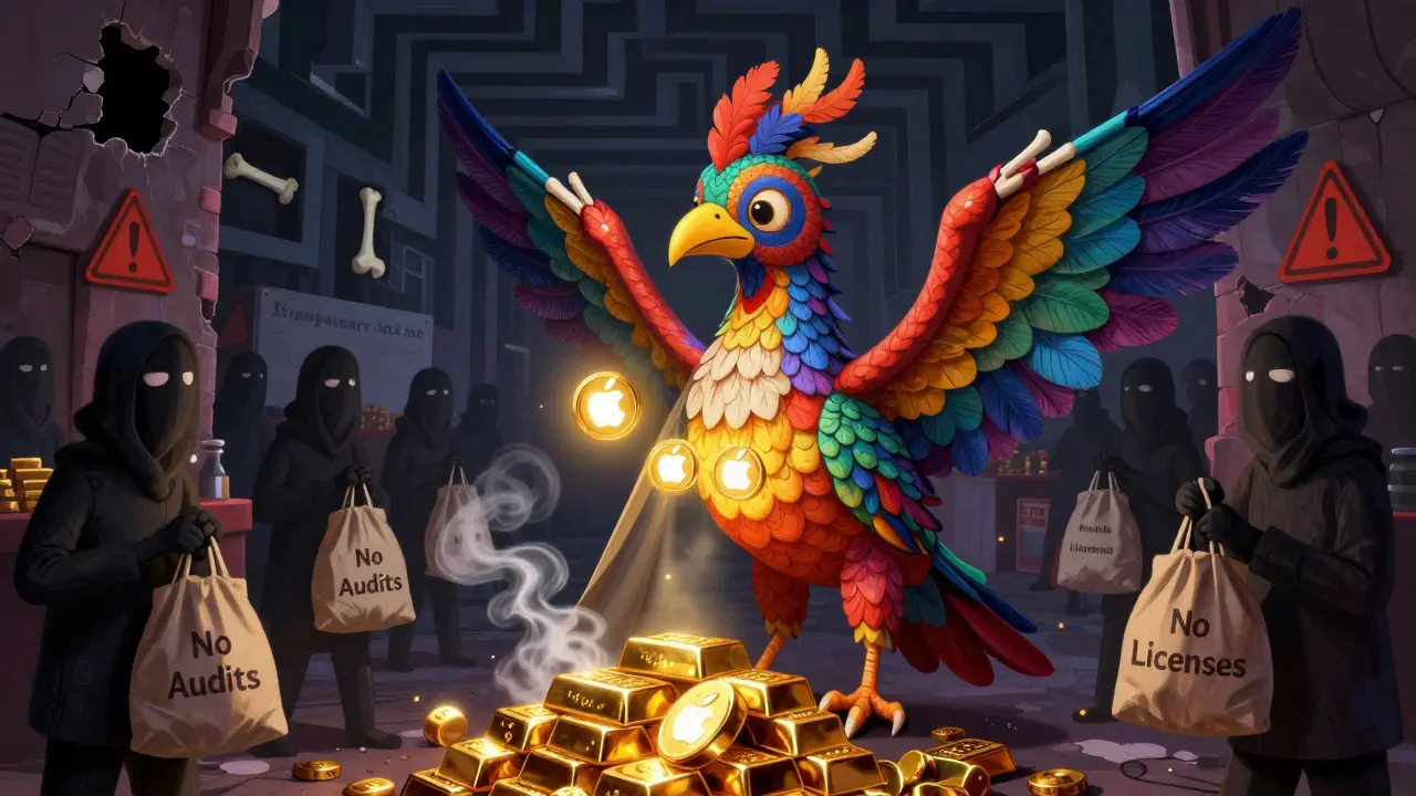Fantastical market scene with shadowy figures and risky tokenized assets in Alebrije art style.