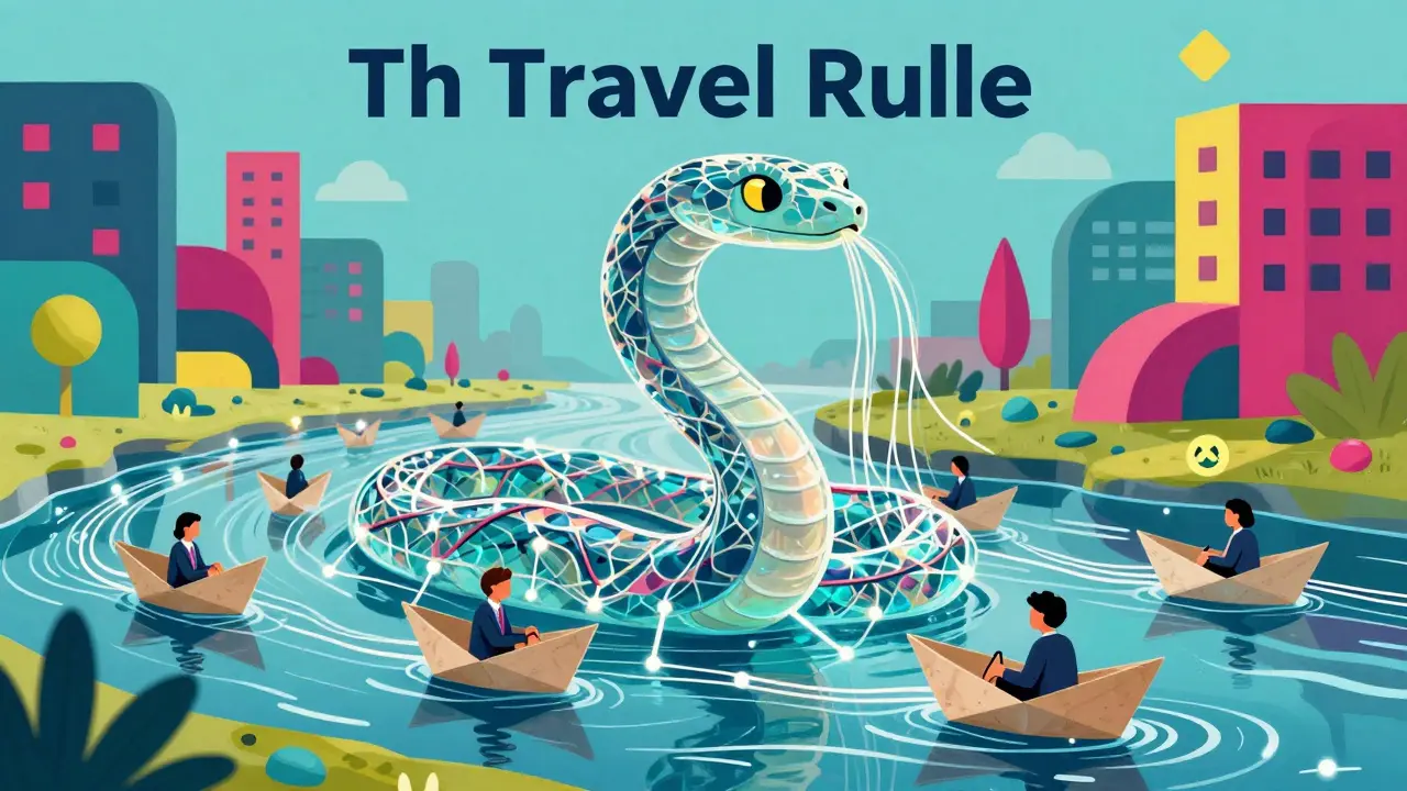 Fantastical serpent monitoring data flow for AML compliance in Alebrije illustration