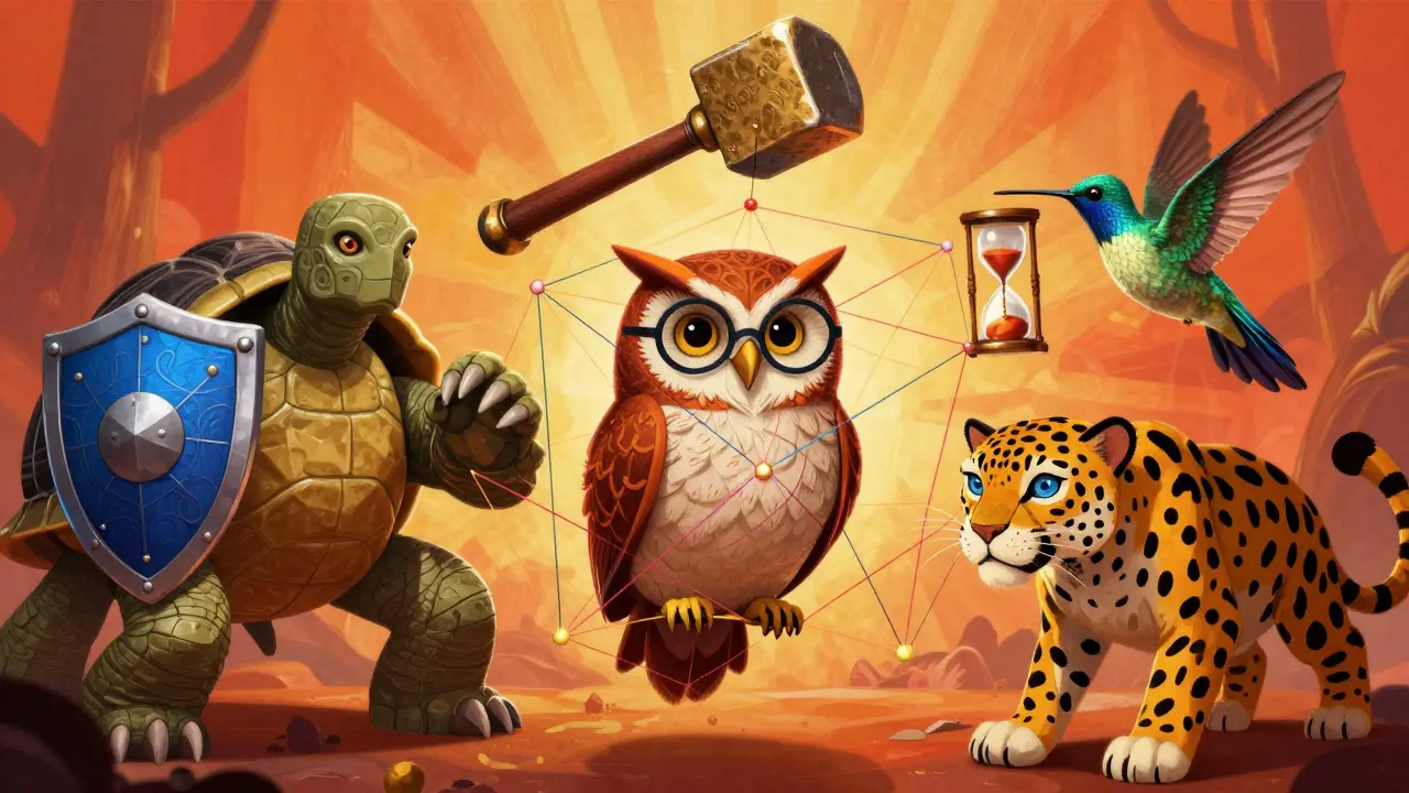 Five mythical Alebrije creatures representing different blockchain security detection methods.