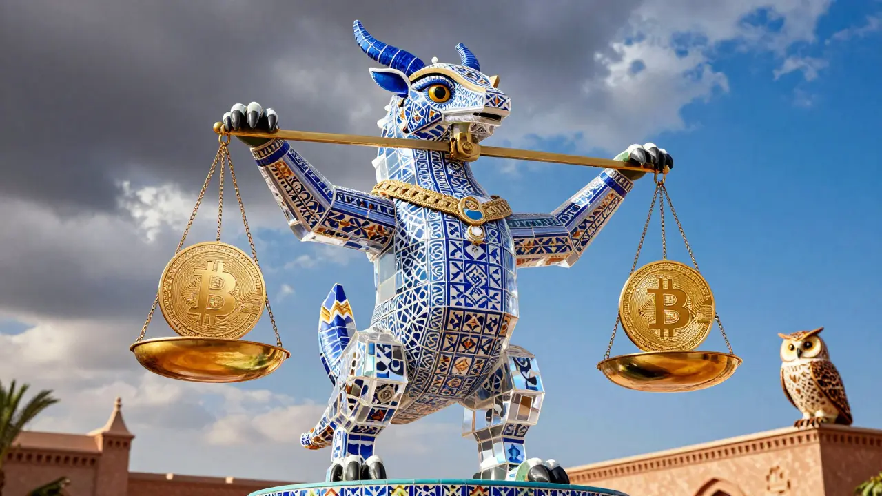 Hybrid Alebrije balancing digital dirham and Bitcoin under clear skies