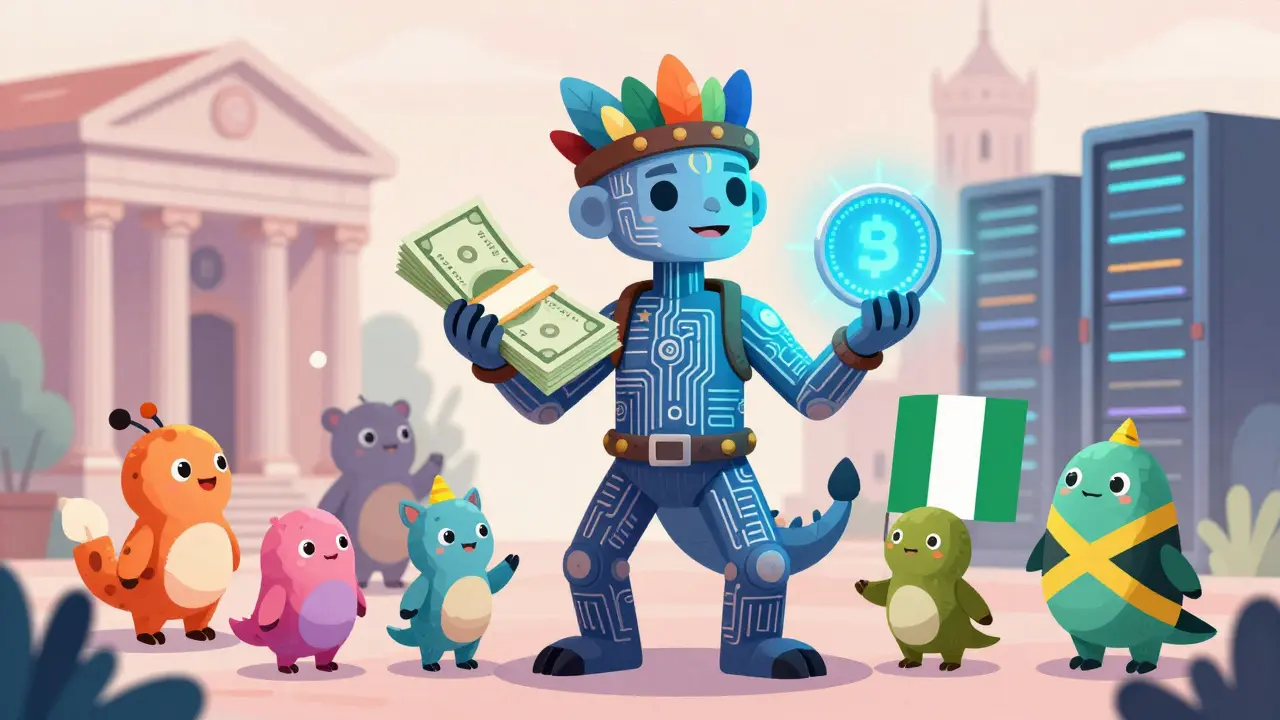 Hybrid economy: Person holding cash and digital coins