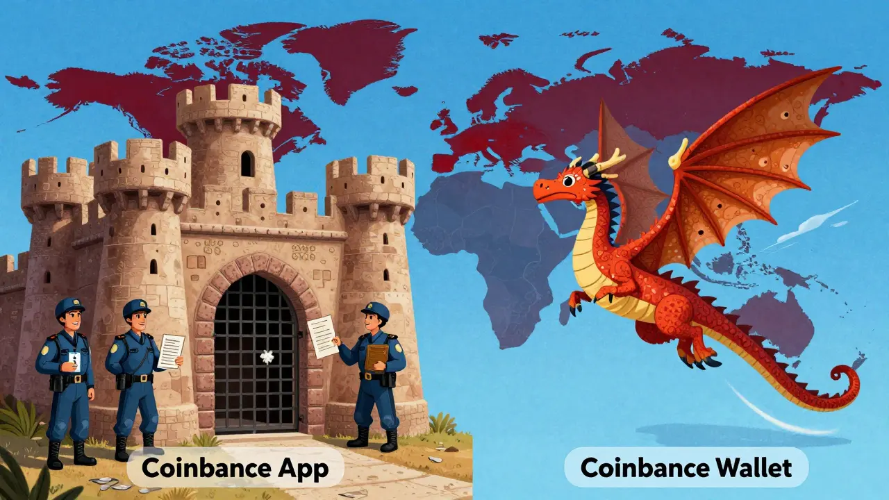 Illustration comparing a gated exchange fortress to a free-flying wallet creature over a world map.