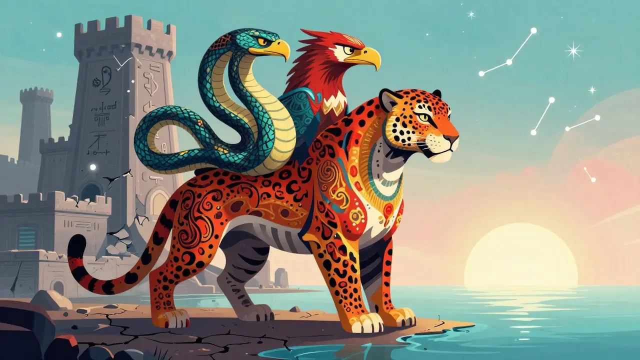 Majestic Alebrije guardian protecting a digital fortress amidst changing landscapes