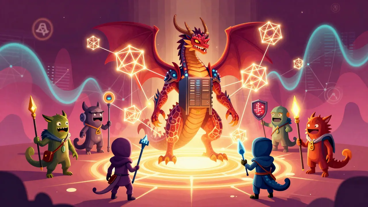 Majestic alebrije guardian protecting a network of blockchain nodes and security agents