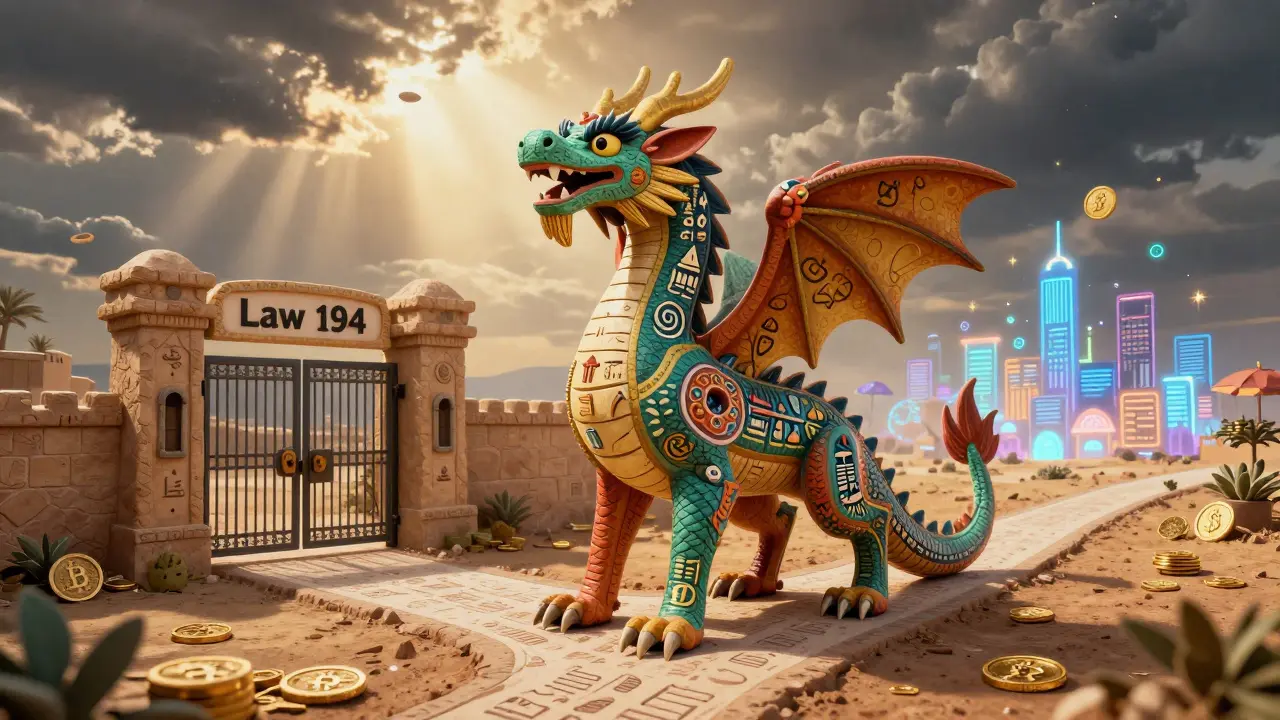 Mythical Alebrije dragon at a crossroads between ban and regulation