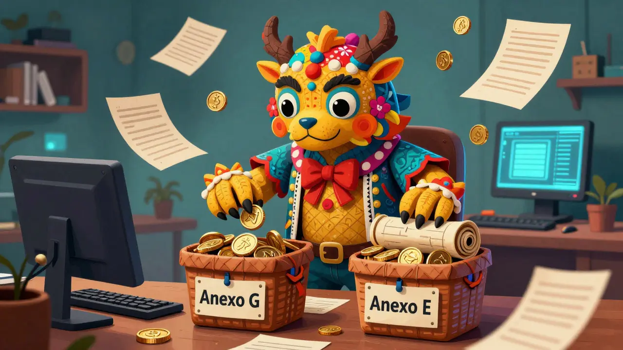 Mythical Alebrije filing beast sorting crypto coins into tax annex baskets.